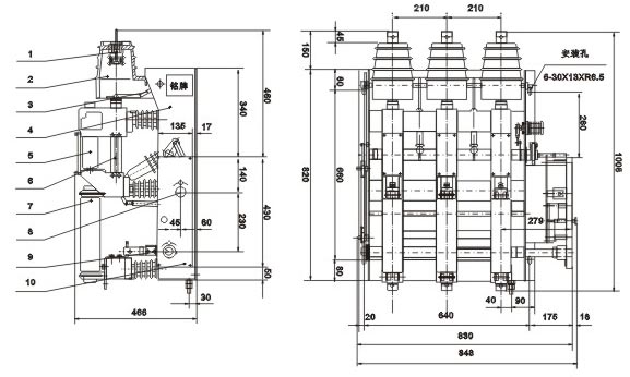 FZN25-12/200真空負(fù)荷開關(guān)外形尺寸圖